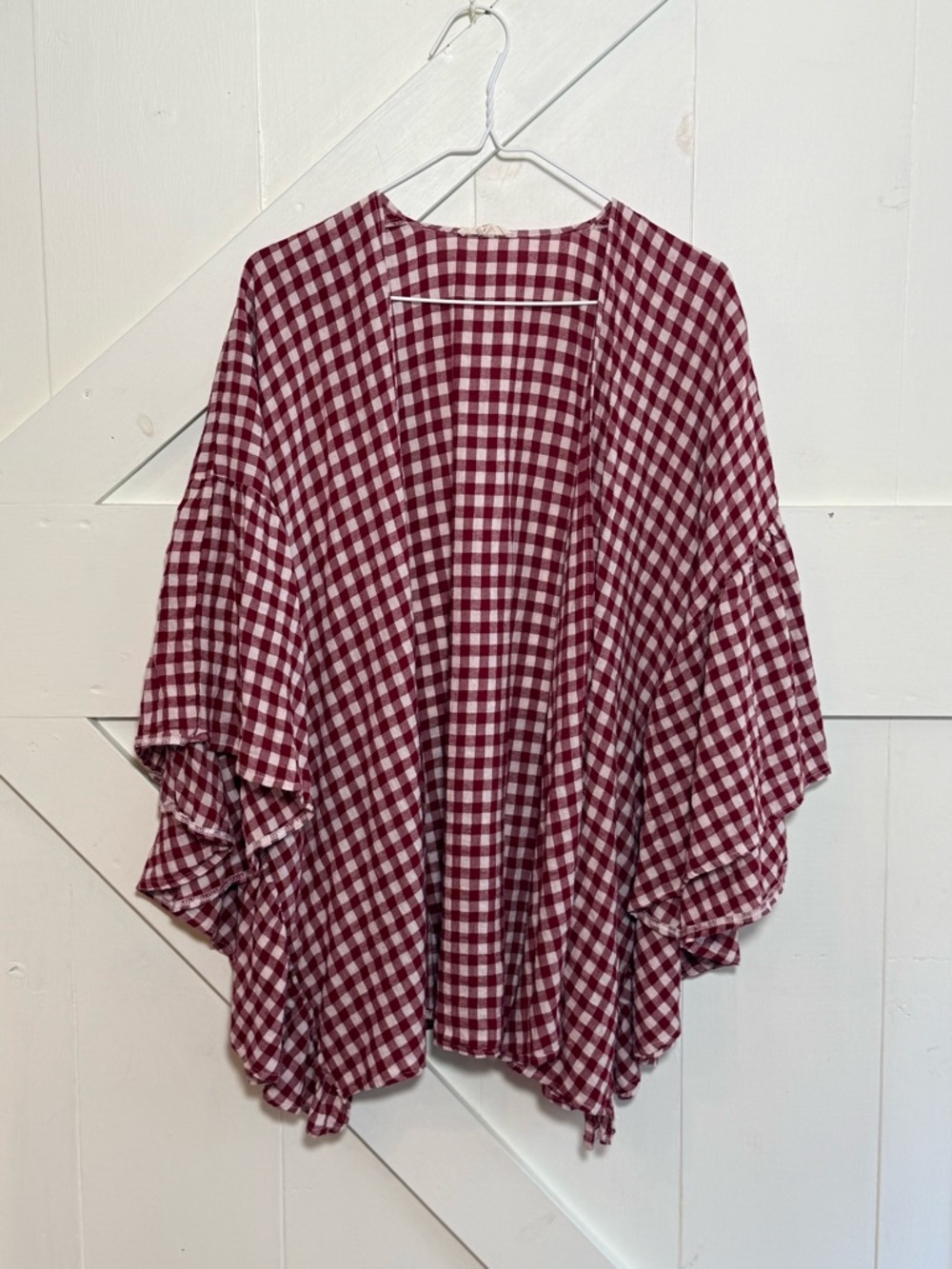 Easel Medium Burgundy Gingham Plaid Ruffle Sleeve Open Front Cardigan